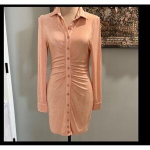 Et Clet Dress Womens Small Pink Velour‎ Collared Ruched Shirt Mini Long Sleeve
